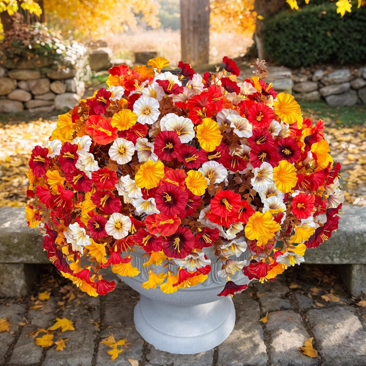 4PCS Vibrant Fall Artificial Flowers for Outdoors – UV-Resistant Petunias, Mums & Morning Glories for Garden, Porch, Planters & Seasonal Décor (Deep Autumn Bulk)